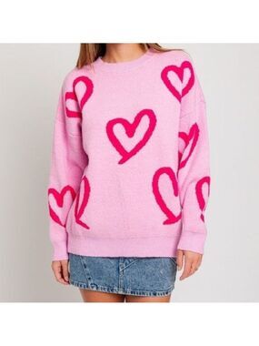LE LIS Women’s Long Sleeve Round Neck Heart Printed Sweater Pink Oversized Fit M